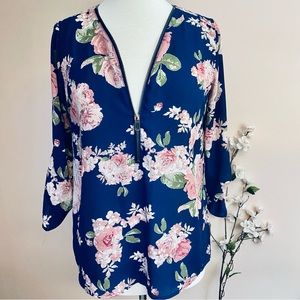 🍁Floral Zip-Up Blouse - Blue and Pink
